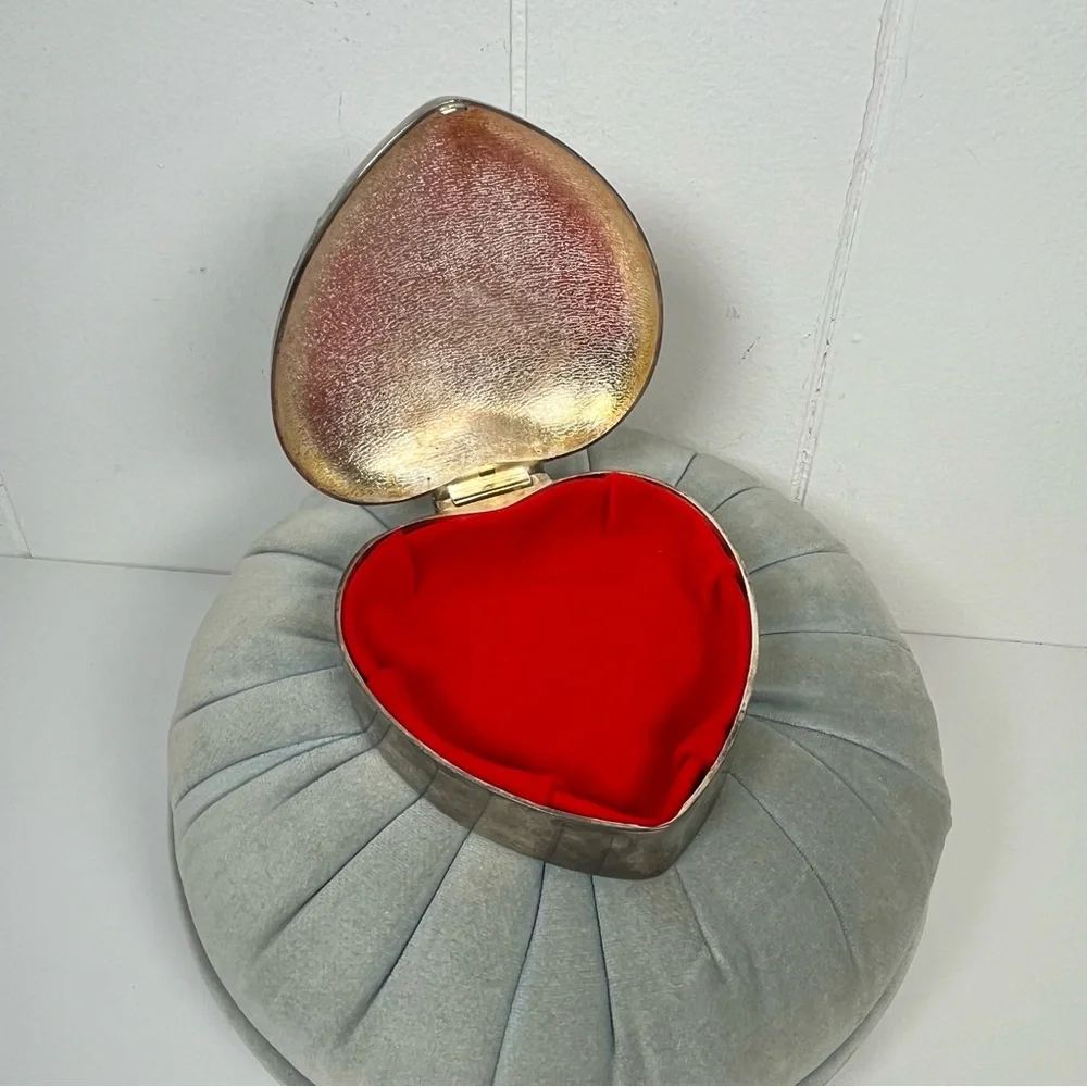 Vintage Silver/Gold Velvet Lined Heart-Shaped Trinket Box Jewelry Box Bow Detail